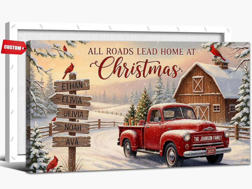 GUTTATY Personalized Christmas Canvas Wall Art, Customized Holiday Canvas Prints with Family Name and Signposts, Rustic Red Truck Winter Farm Scene Wall Decor Poster for Living Room, 30x60 Inch