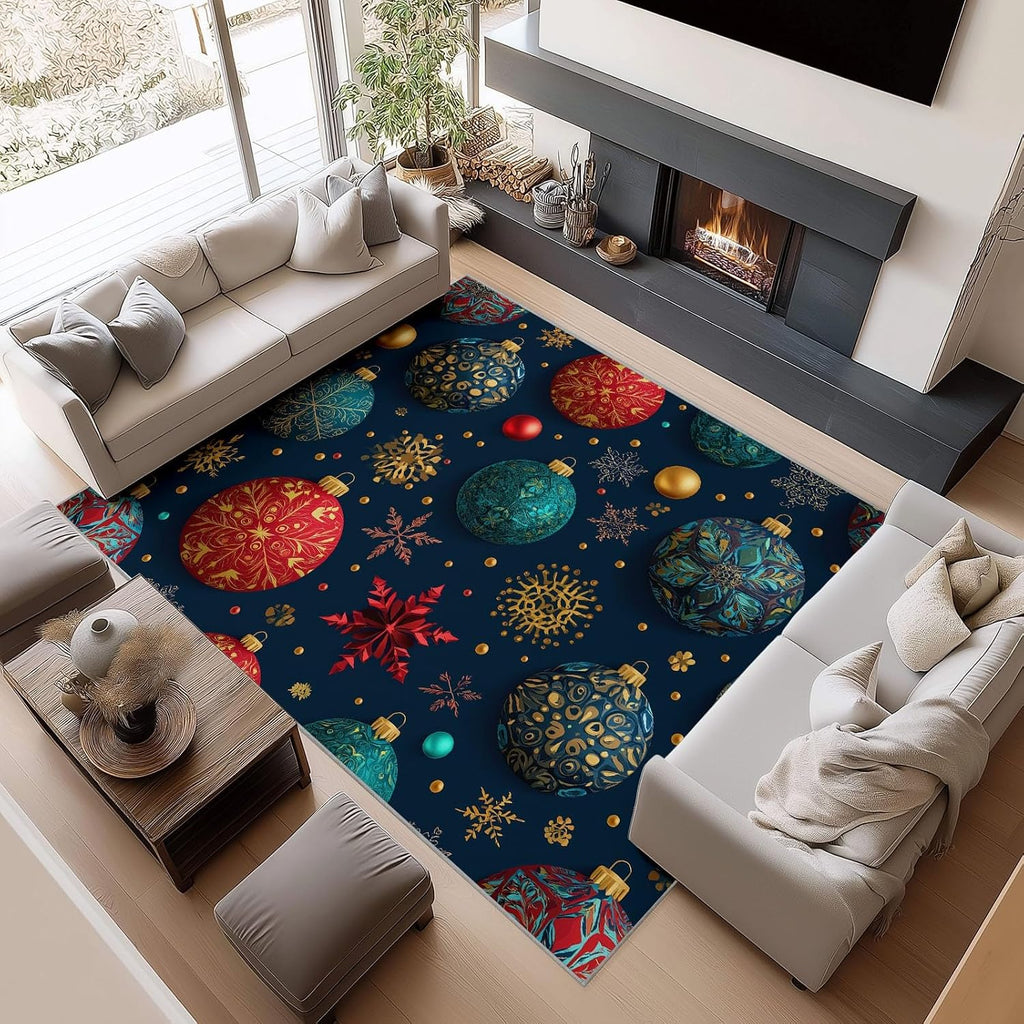 5' x 7' Rugs Living Room Christmas Area Rug Bedroom, Non Slip Durable Large Floor Carpet Geometric Turquoise Spheres Snowflakes Indoor Carpet Washable for Dining Room Kitchen Kids Playroom Dorm