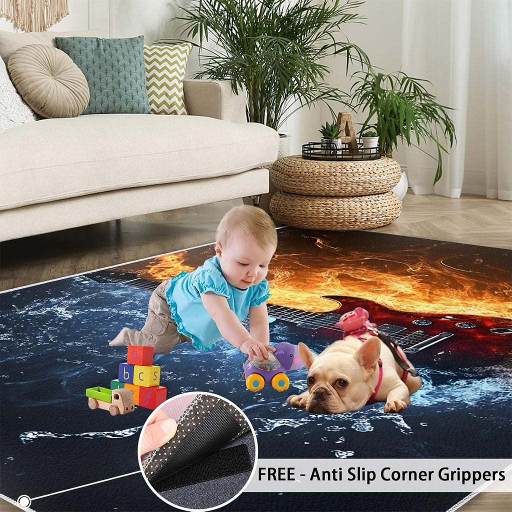 Music Rug, Electric Guitar Washable Rug, Boys Rugs for Living Room, Low Pile & Non Slip, Indoor Carpet, 7x10 Area Rugs & Bedroom Decor