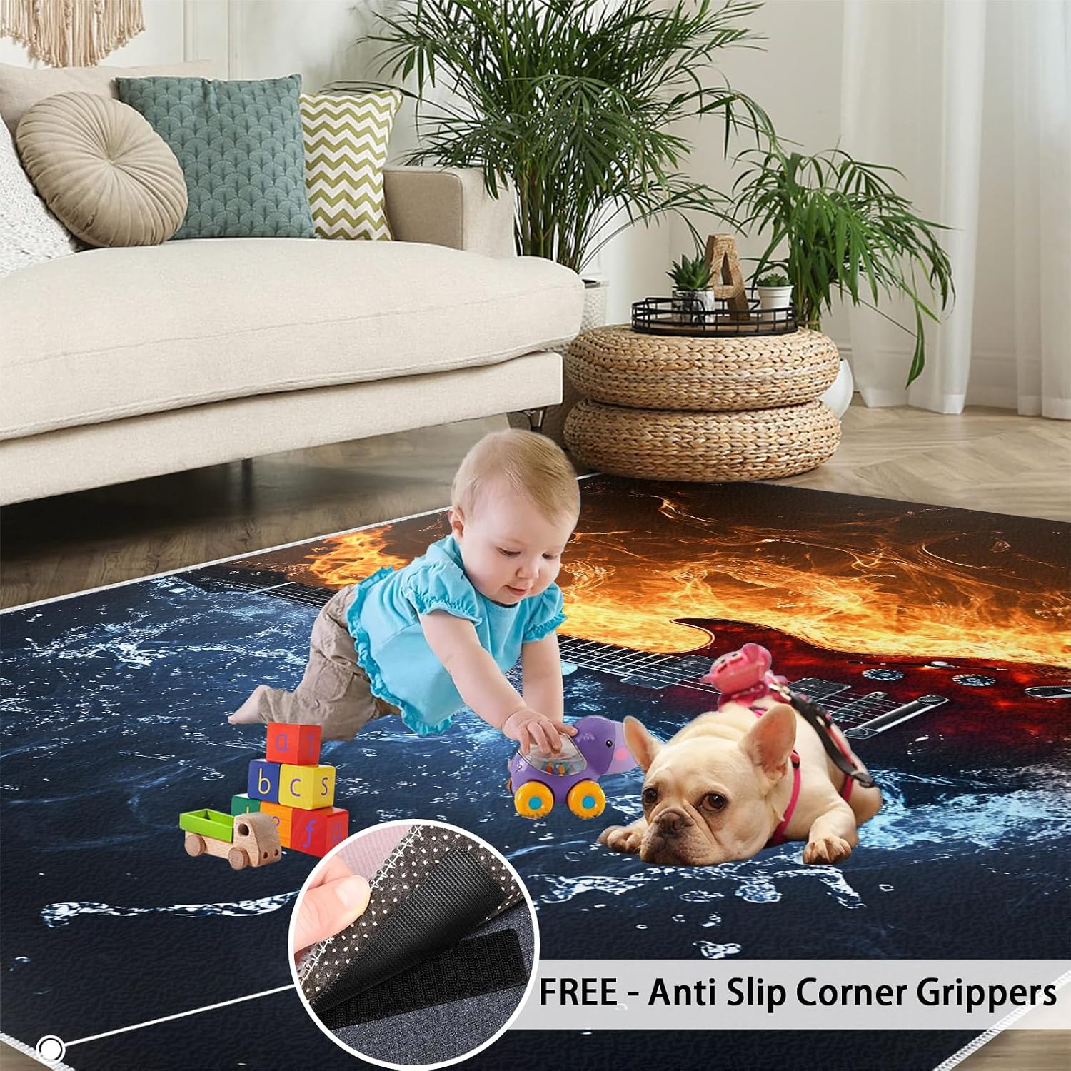 Music Rugs for Living Room, Electric Guitar Washable Rug， Boys Rugs for Bedroom, Low Pile & Non Slip, Indoor Carpet, 5x8 Area Rug & Entryway Decor