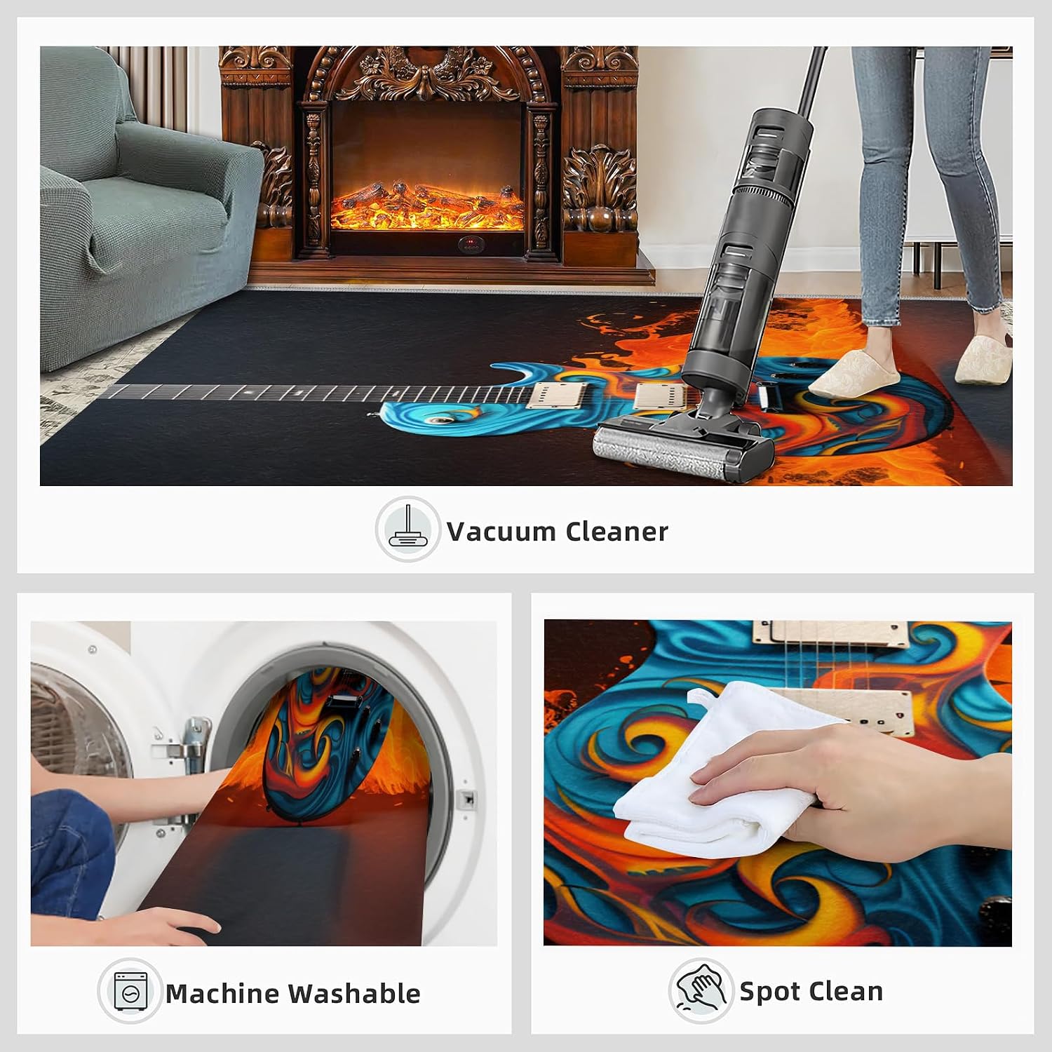 Guitar Kids Rugs - Cool Guitar Area Rug - Music Lover Print Rugs - Indoor Non Slip Carpet for Bedroom Living Room Band Studio 6x8ft