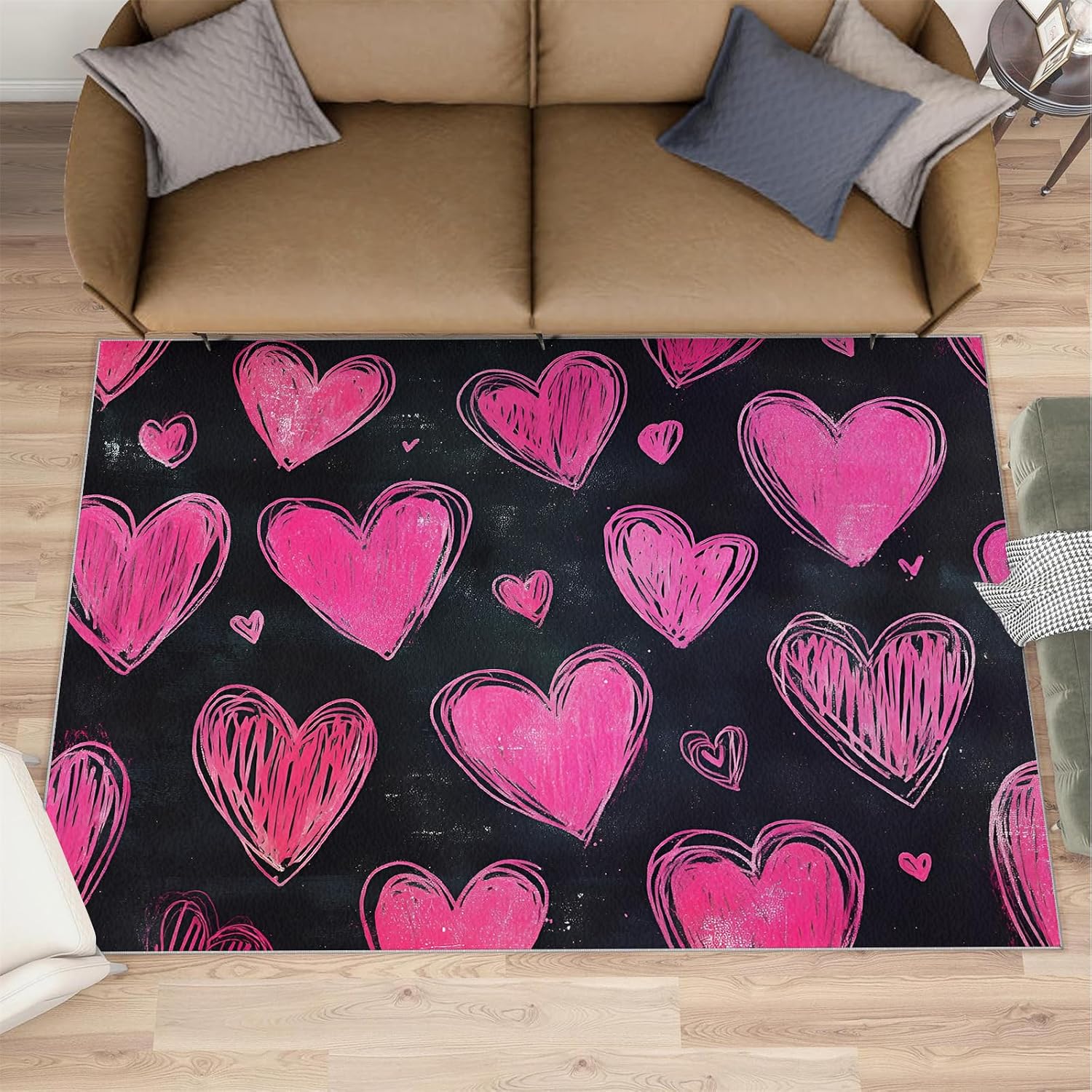 Pink Love Area Rug Large - 6x8 Rug, Black Rugs for Living Room, Romantic Area Rugs for Bedroom, Kids Washable Carpet, Love Home Decor & Gifts