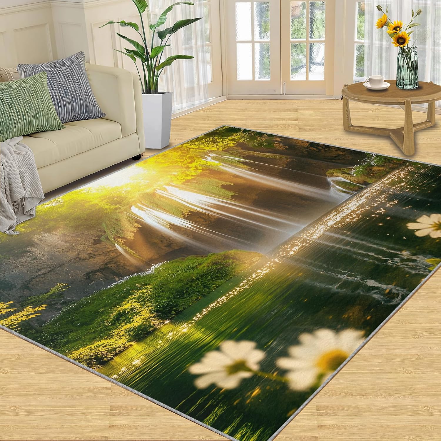 Natural Waterfall Rug - 6x8 Rug, Green Forest Area Rugs for Bedroom, Natural Scenery Rugs for Living Room, Landscape Washable Carpet, Waterfall Home Decor & Gifts