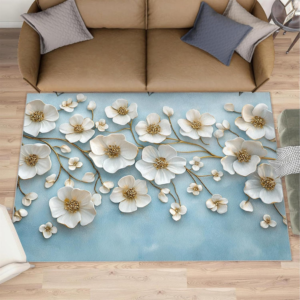 Florals Relief Area Rug 6x8 - White Florals Large Rugs for Living Room, Simple Flowers Carpet Area Rug for Girls Bedroom Kids Room Basement Office Classroom