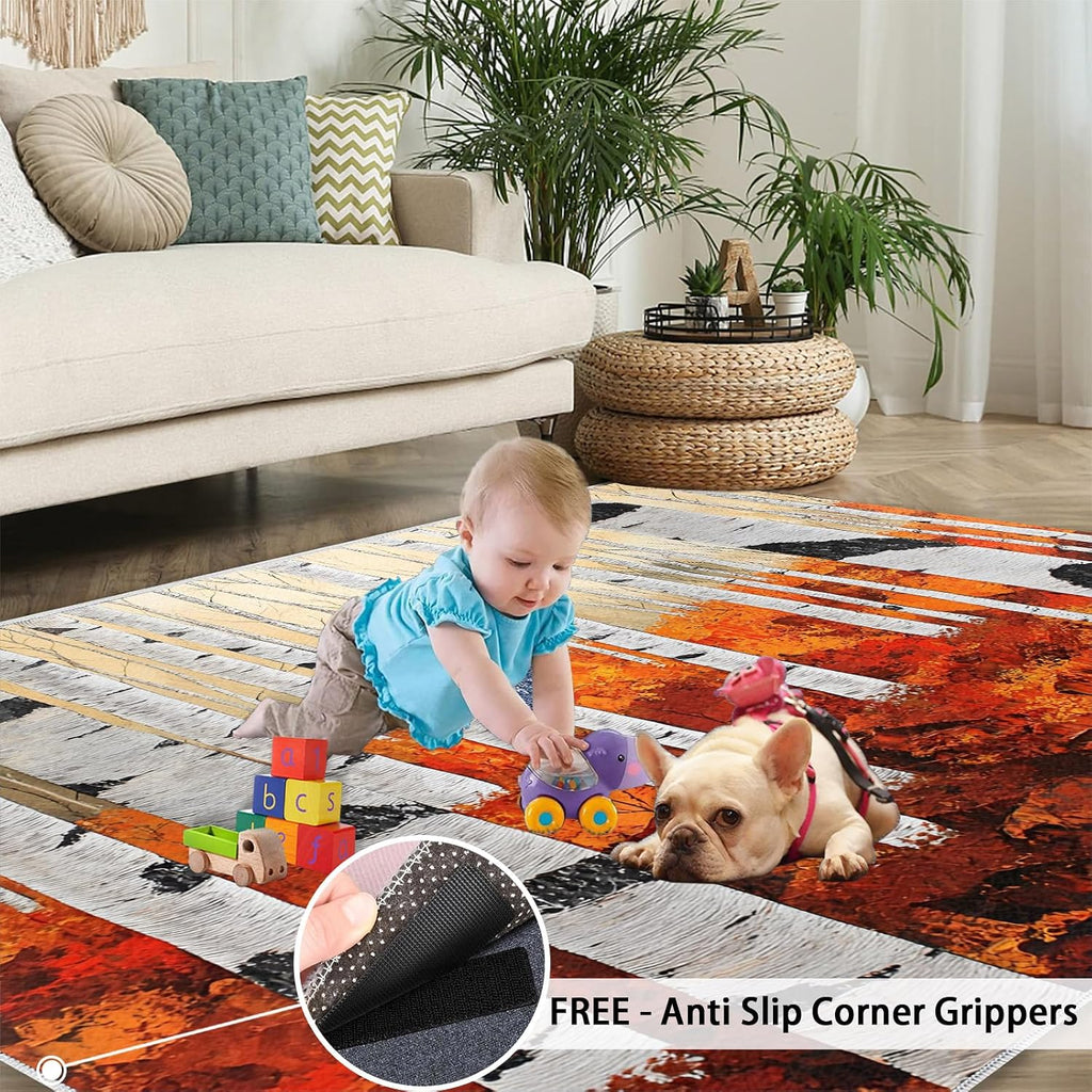 Birch Tree Rug - 6x8 Rug, Autumn Forest Area Rugs for Bedroom, Watercolor Rugs for Living Room, Forest Washable Carpet, Birch Tree Home Decor & Gifts