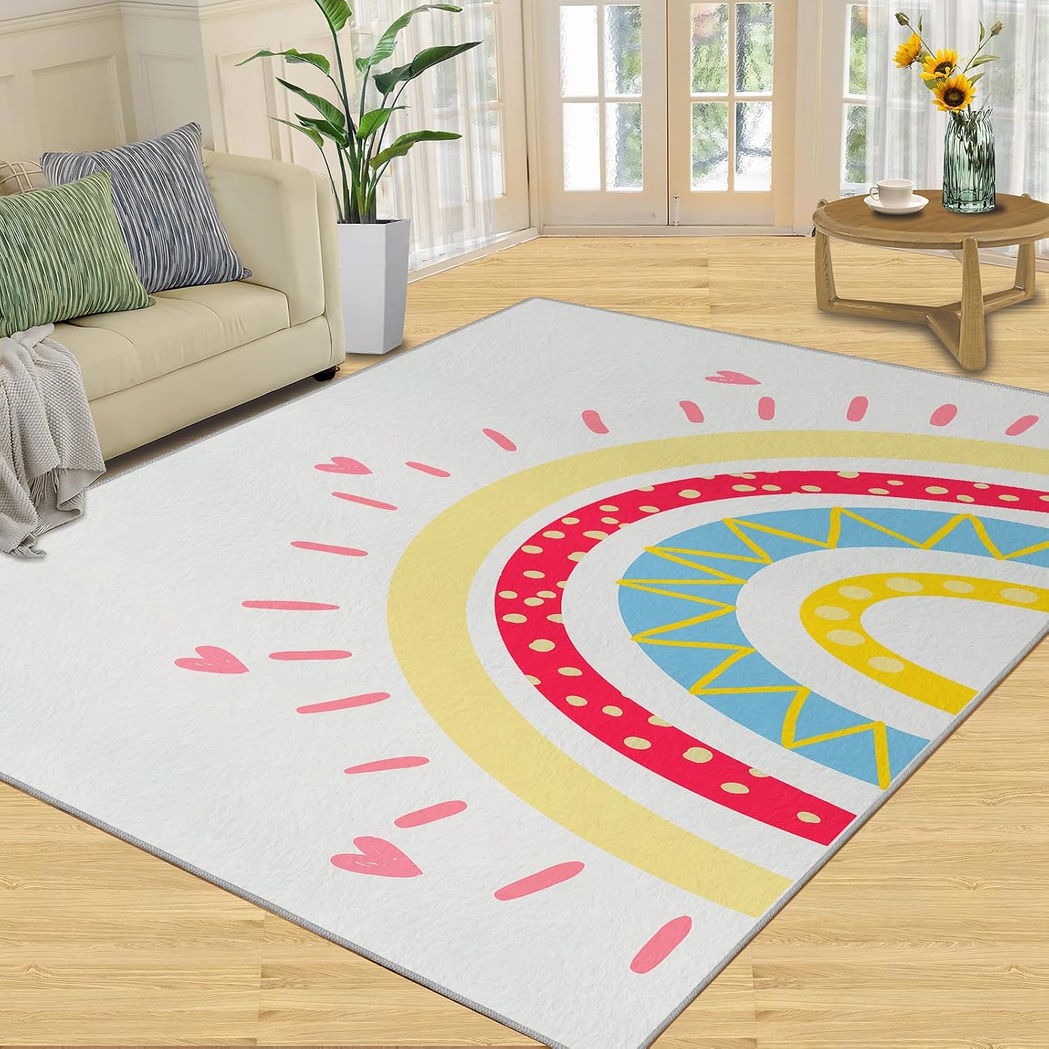 Abstract Rainbow and Heart Area Rug, Colorful Modern Boho Rugs for Living Room, Indoor Non-Slip Kids Rugs, Machine Washable Breathable Durable Carpet for Front Entrance Floor Decor,6 x 8ft