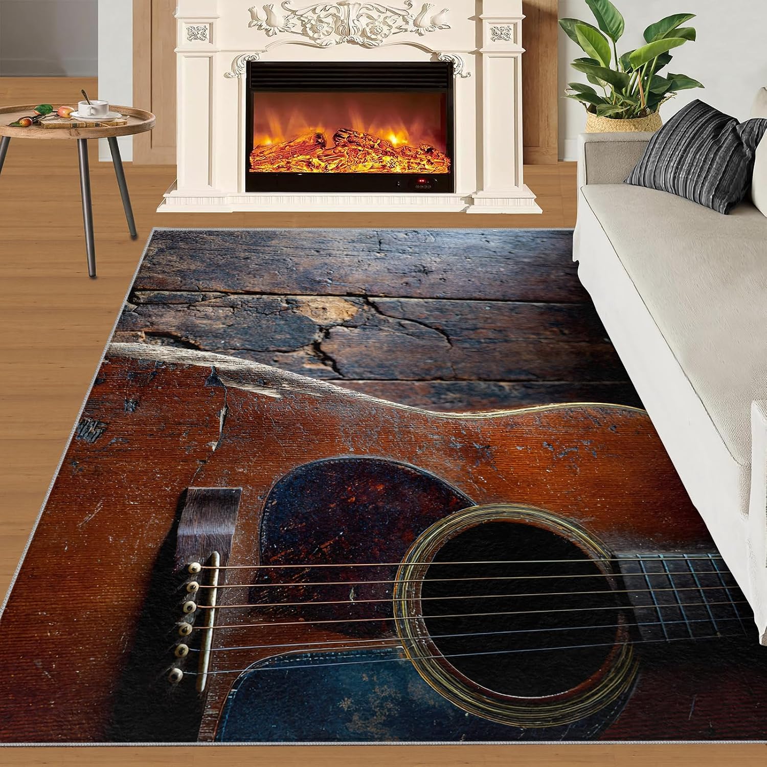 Guitar Rug for Kids Room, Acoustic Guitar Rug 5x6, Vintage Instrument Bedroom Rugs Washable & Non Slip Carpet for Home Decor