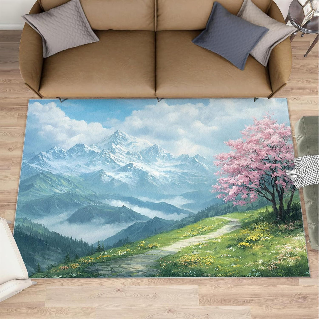Cherry Blossoms Rugs for Living Room 6x8 Rug, Mountains Area Rug, Natural Scenery Rugs, Large Machine Washable Rug, Non-Slip Floor Carpet for Bedroom Kids Room Home Decor