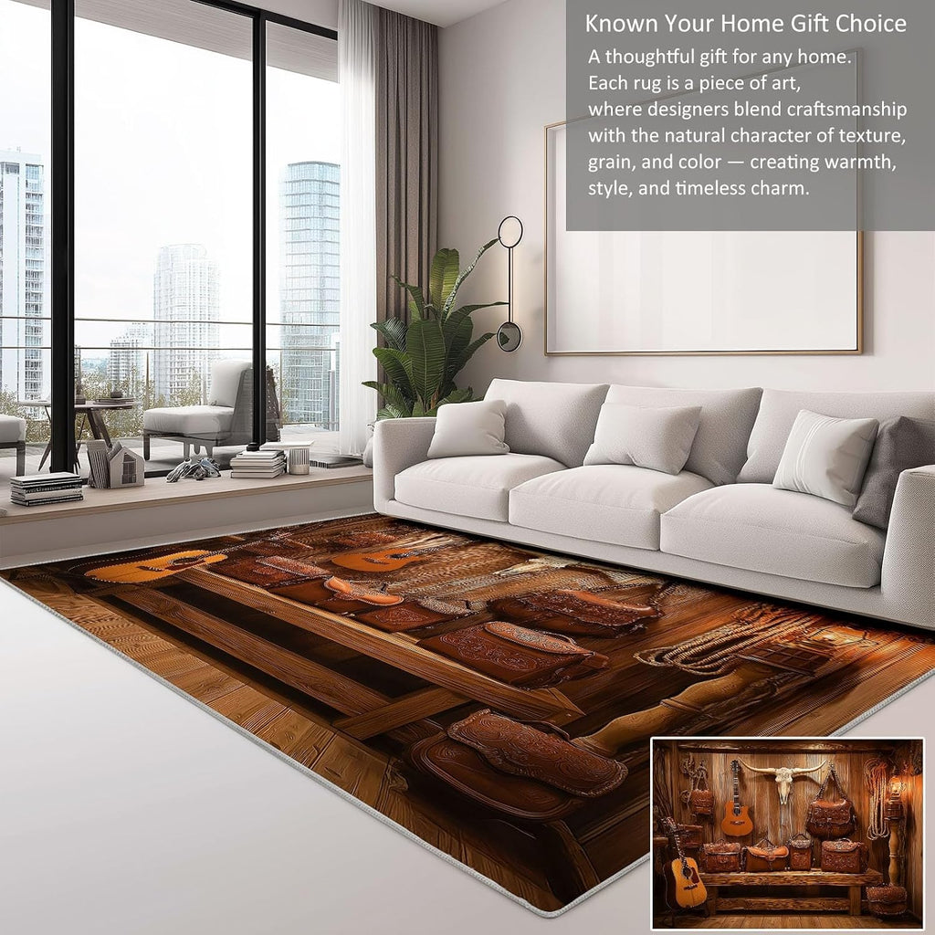 Bedroom Area Rug 6 x 9 ft Western Cowboy Guitar Print Carpet, Living Room Non-Slip Rug Retro Style Washable - Indoor Rectangle Large Carpet for Kitchen Office Playroom Decor