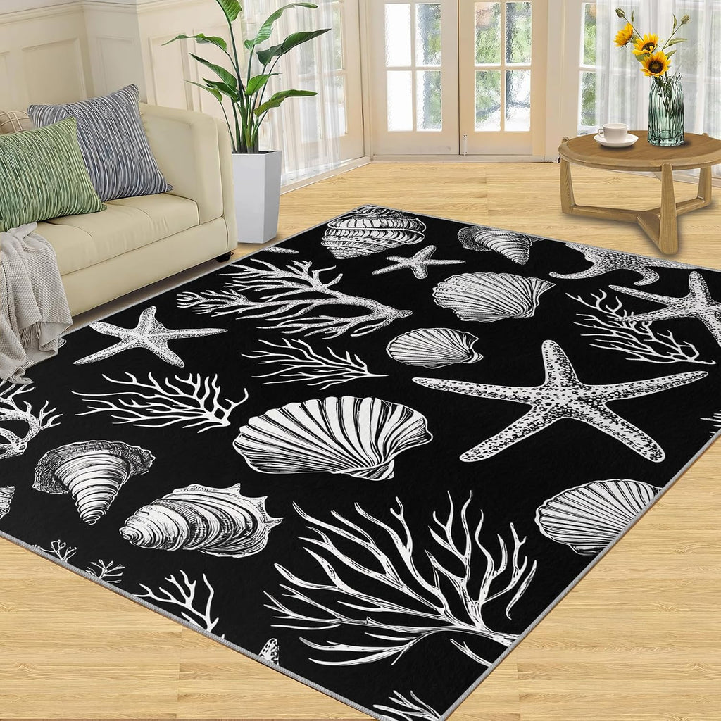 Coastal Rugs for Bedroom, Shells Rug 6x8, Coral Dining Room Rugs Washable & Non Slip Large Carpet for Home Decor