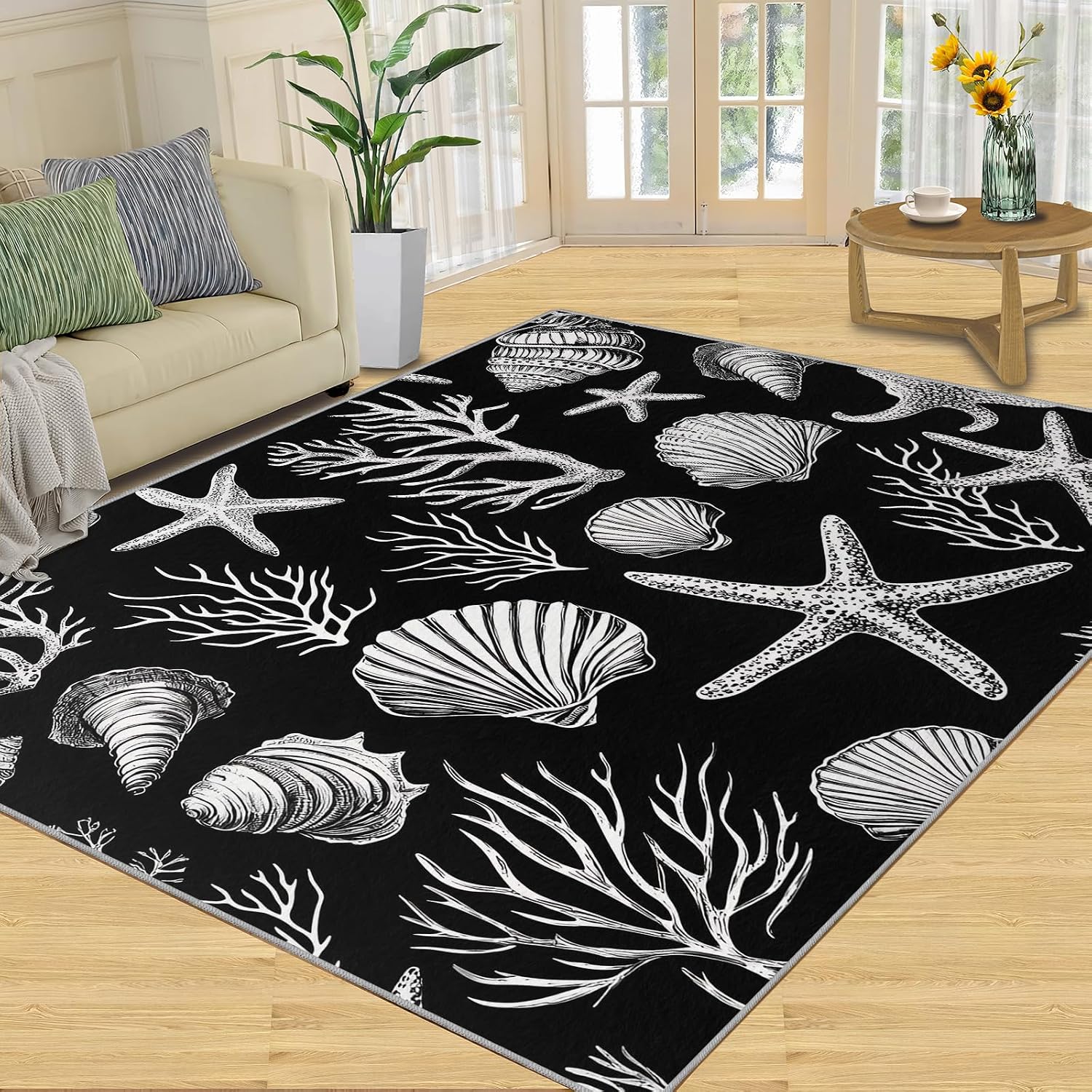 Coastal Rugs for Bedroom, Shells Rug 6x8, Coral Dining Room Rugs Washable & Non Slip Large Carpet for Home Decor