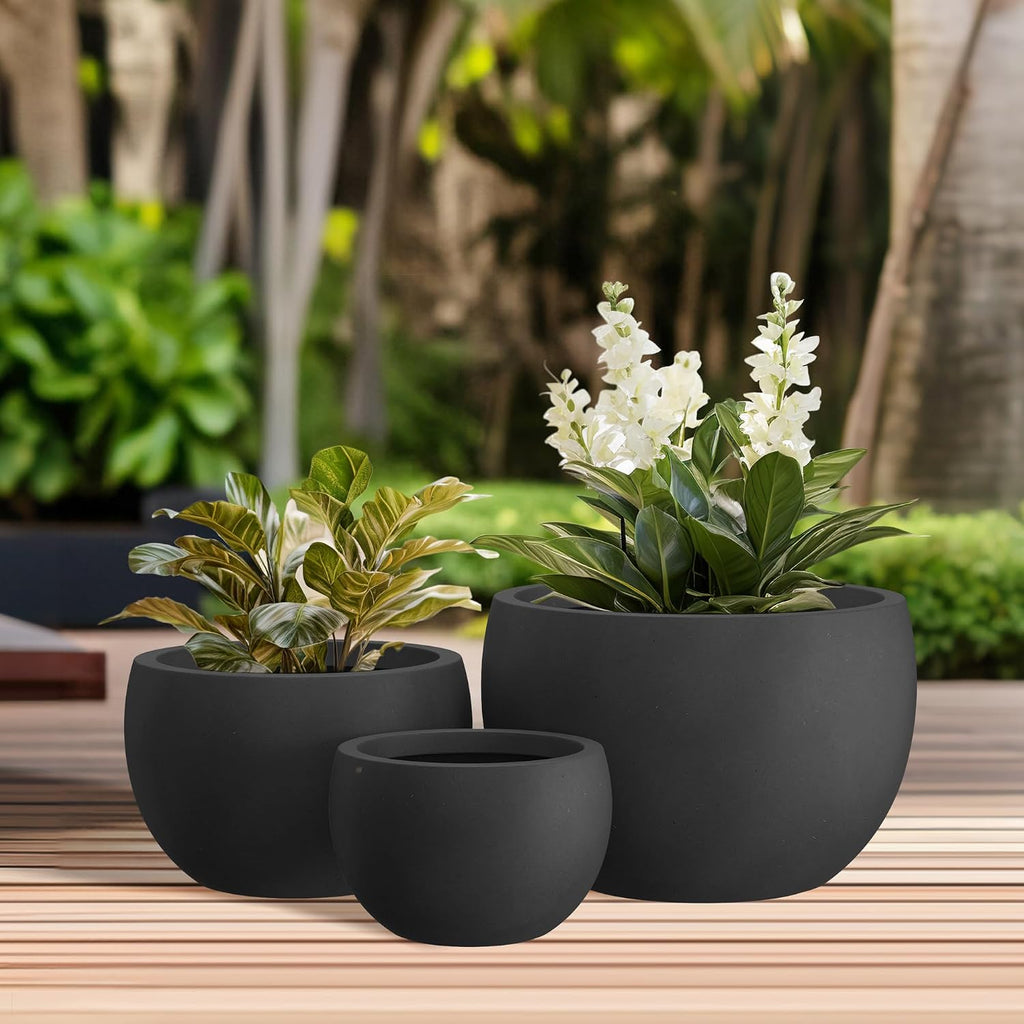 Kante 19.9',15.7',11.8' Dia Round Concrete Planter Set of 3, Outdoor/Indoor Large Bowl Plant Pots with Drainage Hole and Rubber Plug for Garden Patio Balcony Home, Black
