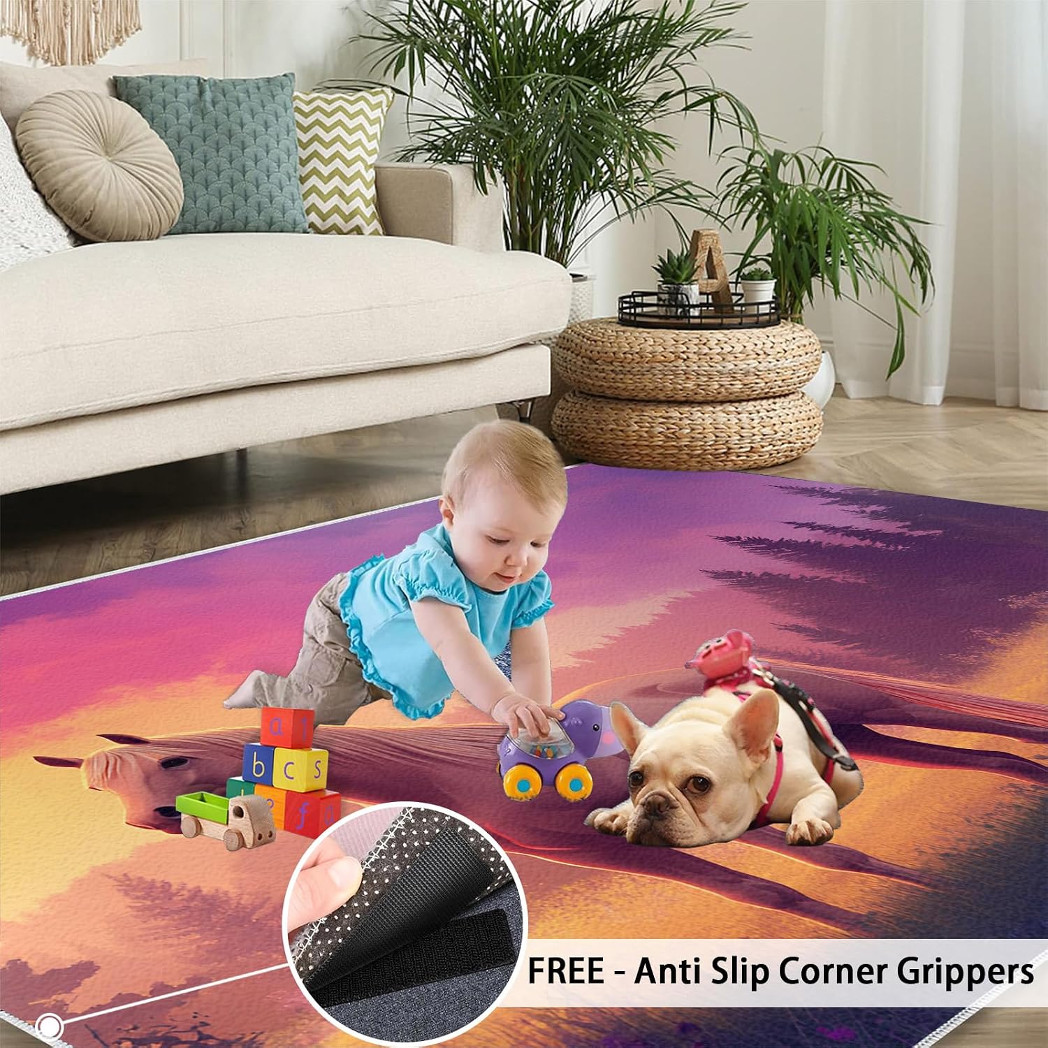 Horse Rug 6x8, Forest Rugs for Living Room, Horse Rugs for Bedroom, Low Pile Washable Area Rug, Non Slip Carpet for Hardwood Floors