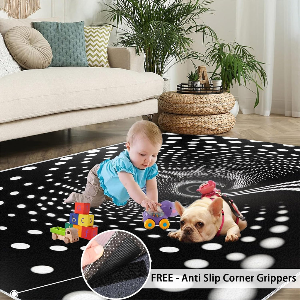 Black White Polka Dots Rugs for Bedroom, 3D Optical Illusion Rug 6x8, Modern Abstract Dining Room Rugs Washable & Non Slip Large Carpet for Home Decor