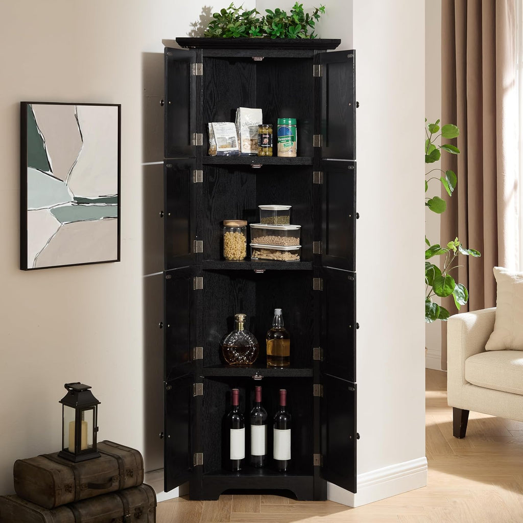 72' Sturdy Freestanding Storage Cabinet, Kitchen Storage Bakers Rack with Tiered Shelves, Utility Food Cupboard with Spacious Doors for Kitchen, Bathroom, Living Room, Black