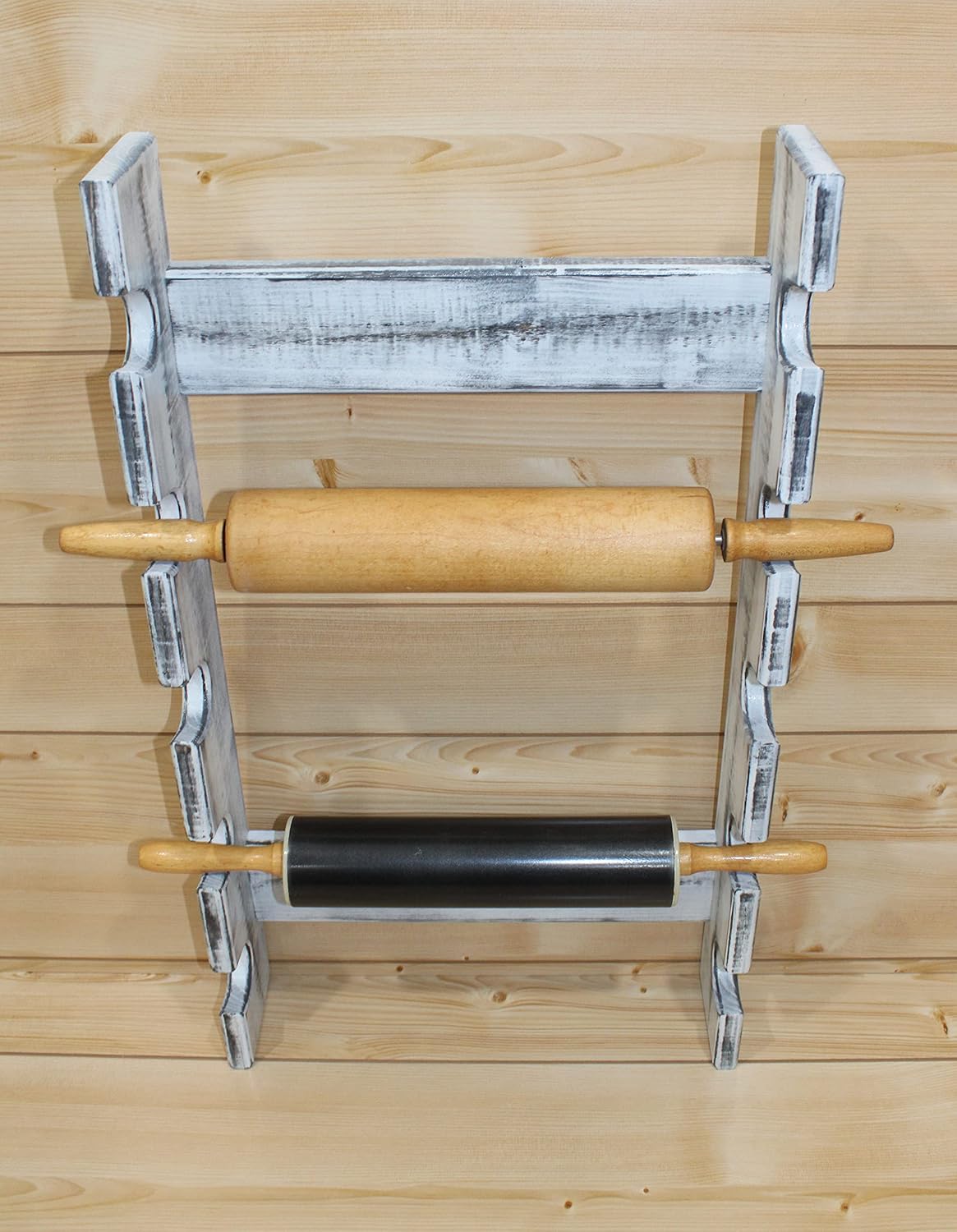 Wooden Rolling Pin Display Rack – Holds 5 Rolling Pins – Wall Mounted Storage for Bakers & Collectors – Antique White Color – Shabby Chic White & Black