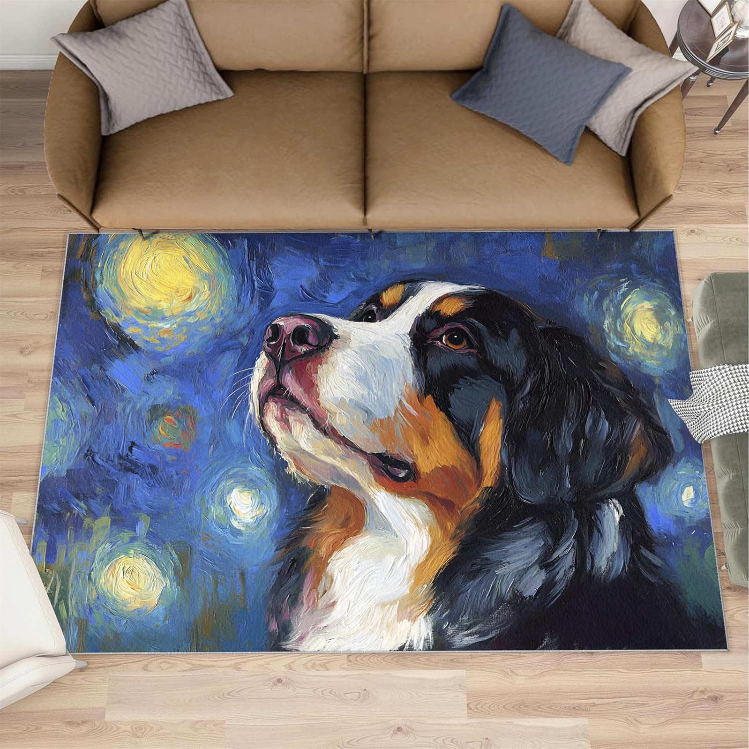 Dog Area Rug 6x8, Starry Sky Dog Rugs for Bedroom, Oil Painting Animals Rugs for Boys Room, Low Pile Non Slip Carpet for Computer Game Room Dormitory