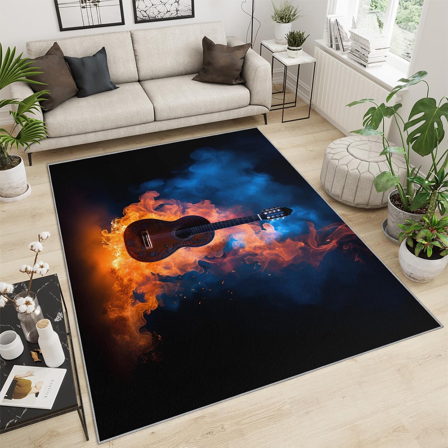 Guitar Rugs for Music Room - Music Rug, 6x8 Rug, Boys Musical Washable Rugs for Living Room Bedroom, Burning Area Rug, Rock and Roll Carpet - Home Decor, Electric Guitars Gifts for Men