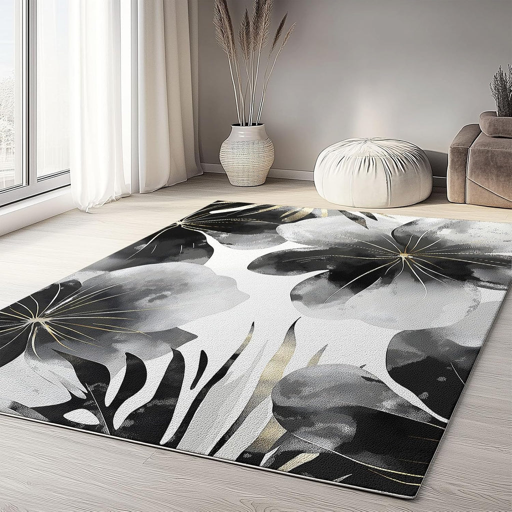 Washable Non-Slip Area Rug Resistant, Artistic Watercolor Flowers Theme for of Living Room Bedroom Kids Room, Nursery, Office, Kitchen, Black 6 x 8 ft Carpet Pet & Child Friendly