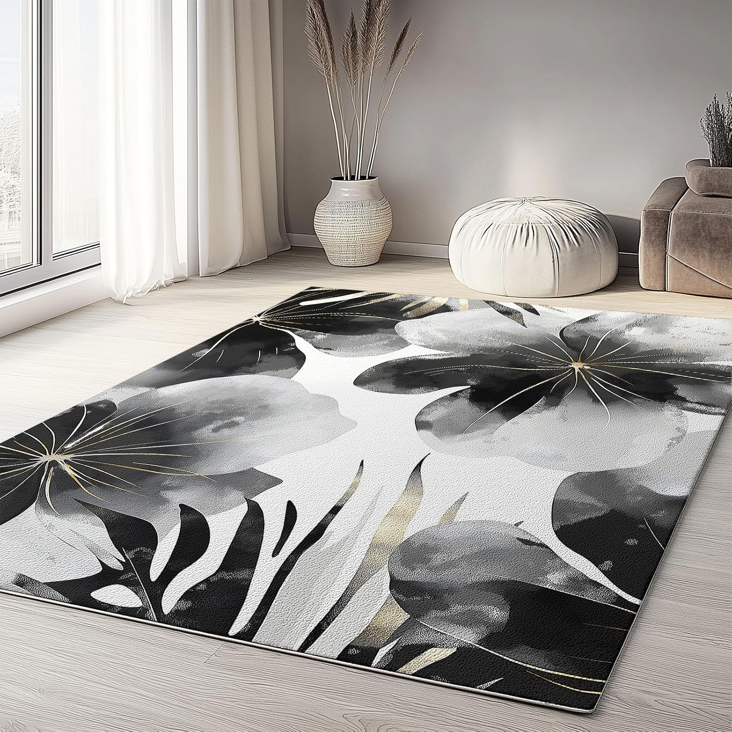 Washable Non-Slip Area Rug Resistant, Artistic Watercolor Flowers Theme for of Living Room Bedroom Kids Room, Nursery, Office, Kitchen, Black 6 x 8 ft Carpet Pet & Child Friendly