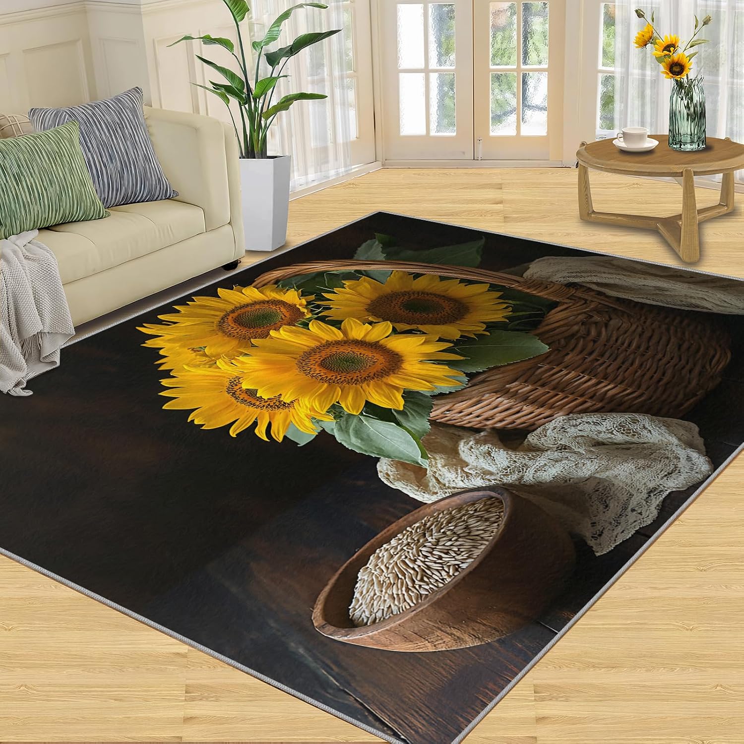 Sunflower Rug Large - 6x8 Rug, Farmhouse Washable Rugs for Living Room, Crops Carpet, Rustic Non-Slip Area Rugs for Bedroom, Floral Carpet, Sunflower Home Decor