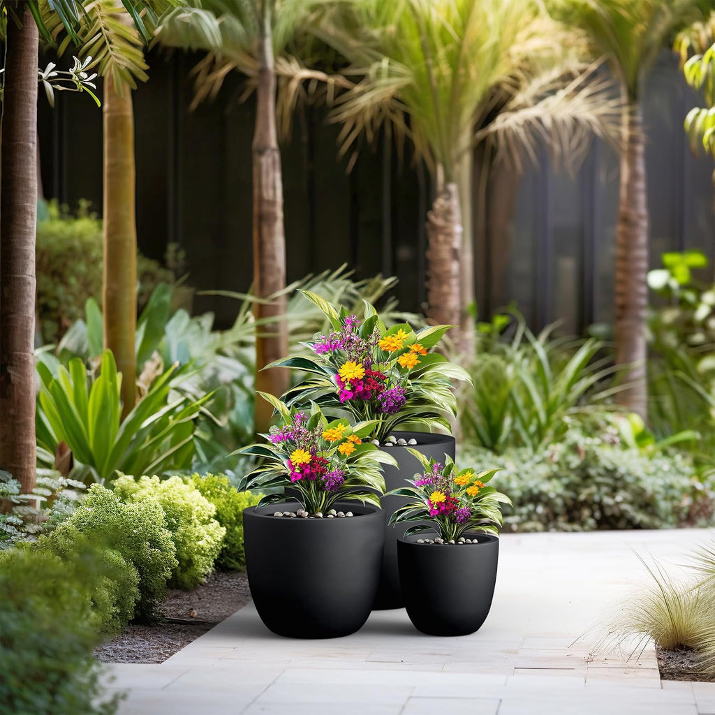 Kante 18',14',10' Dia Concrete Round Planters (Set of 3), Outdoor Indoor Large Planter Pots with Drainage Hole and Rubber Plug for Home Patio Garden, Black
