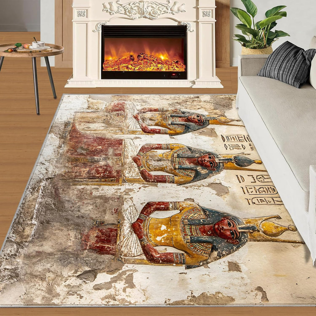 Ancient Egyptian Area Rug Large - 6x8 Rug, Egyptian Pharaoh Rugs for Living Room, Hieroglyphic Area Rugs for Bedroom, Vintage Washable Carpet, Egypt Home Decor & Gifts