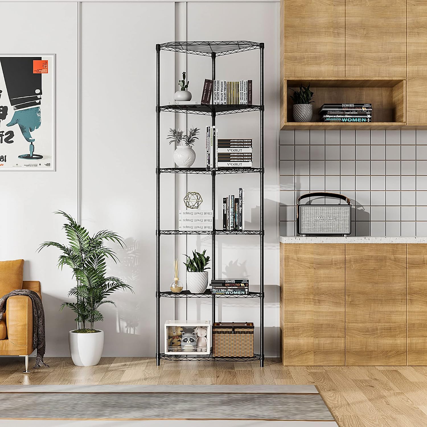 Black Pentagonal-Shape 600lbs 6 Tier Corner Shelf NSF Metal Wire Shelving Unit, Adjustable, with Leveling Feet and Waterproof Shelf Liners for Garage, Kitchen, and More - 20' L x 20' D x 72' H