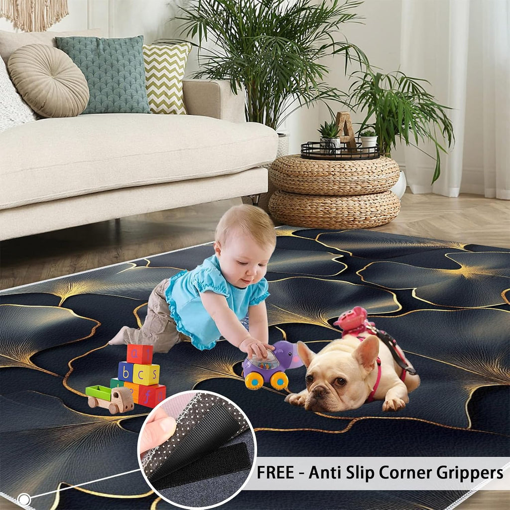 Ginkgo Leaves Rugs for Bedroom - 6x8 Rug, Black Gold Leaves Area Rugs for Living Room, Modern Luxury Carpet, Botanical Washable Area Mat, Plant Carpet, Ginkgo Leaf Home Decor & Gifts