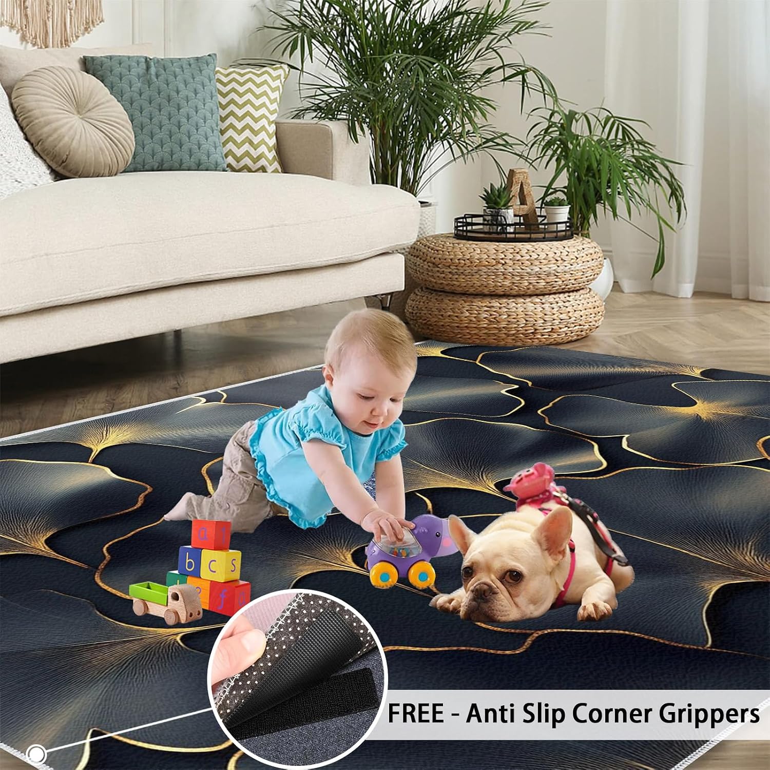Ginkgo Leaves Rugs for Bedroom - 6x8 Rug, Black Gold Leaves Area Rugs for Living Room, Modern Luxury Carpet, Botanical Washable Area Mat, Plant Carpet, Ginkgo Leaf Home Decor & Gifts