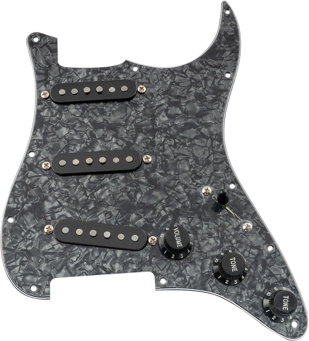 Musiclily Pro Pre-wired Standard SSS Pickguard with Artec Pickups Staggered Alnico 5 Magnet Single Coil Pickups for ST Style Electric Guitar, 4Ply Black Pearl