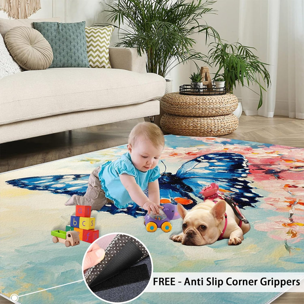 Blue Butterfly Rug 6x8 - Florals Oil Painting Large Rugs for Living Room, Flowers Carpet Area Rug for Girls Bedroom Kids Room Basement Office Classroom