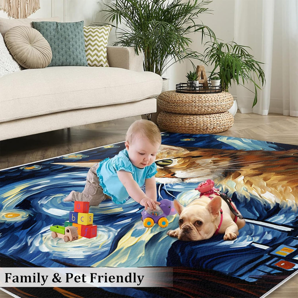 6x8 Area Rug - Starry Sky Orange Cat Large Rugs for Living Room, Post-Impressionist Art Painting Carpet Area Rug for Girls Bedroom Kids Room Basement Office Classroom