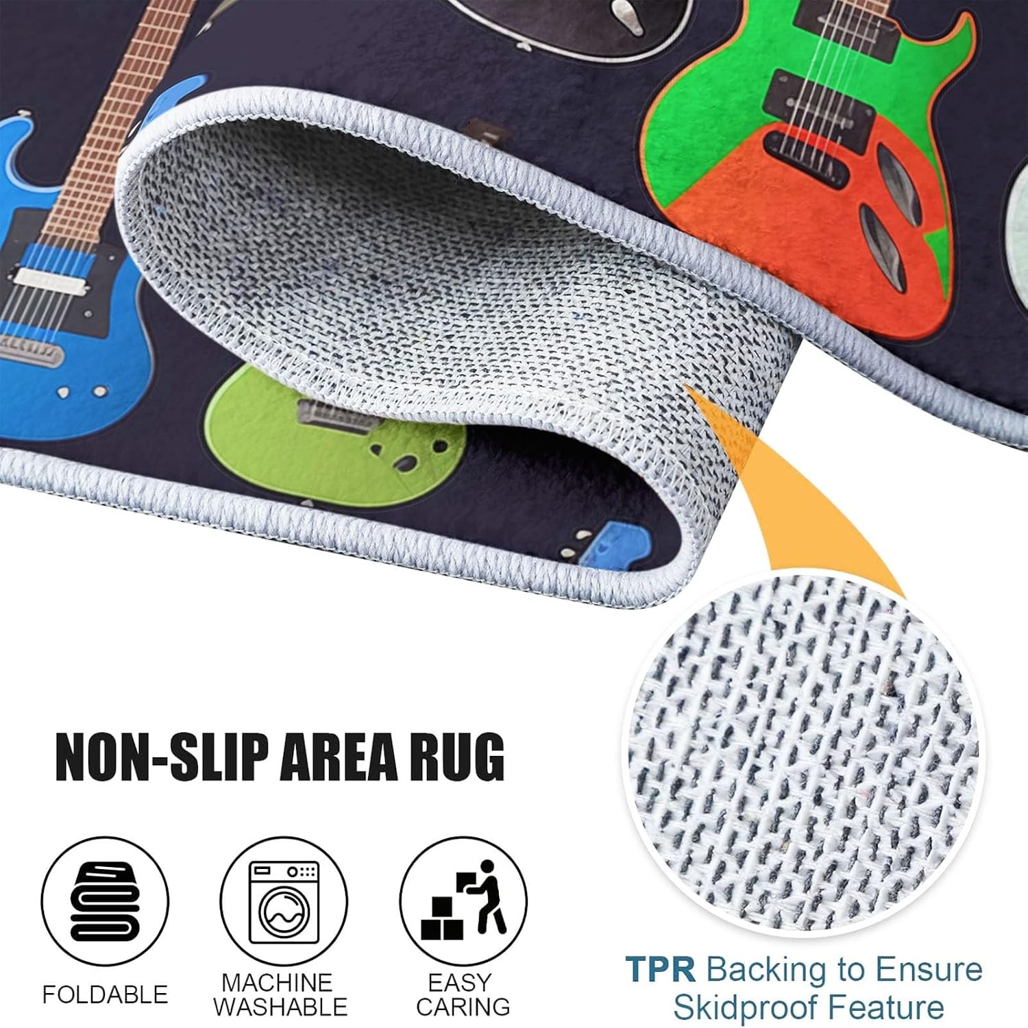 Area Rug Cartoon Color Guitar 6x9 ft Washable Rugs, Soft Non-Slip Faux Wool Rug for Living Room, Bedroom, Farmhouse, Dining Room, Office, Home Decor Carpet