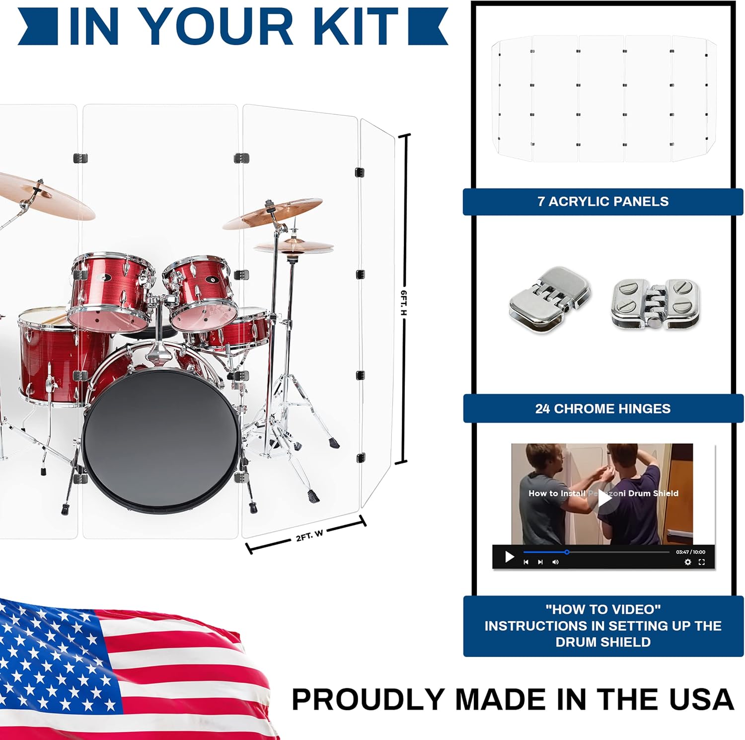 PENNZONI Drum Shield 6ft w/Chrome Hinges, Comes w/ 7 Drum Panels, & Chrome Hinges, Premium Clear Acrylic Panels, Drum Screen