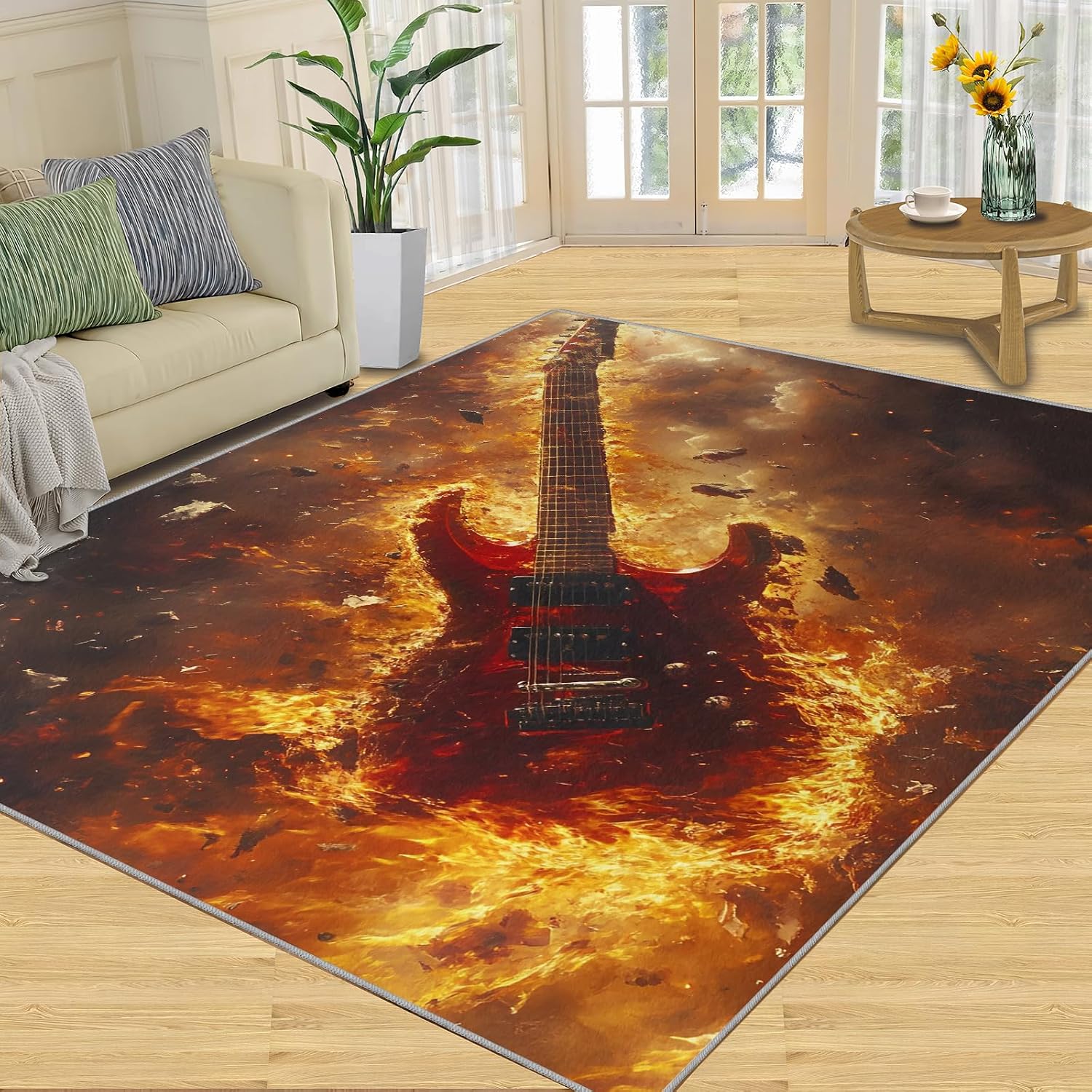 Flaming Electric Guitar Area Rug 6x8 - Exploding Guitar Large Rugs for Living Room, Rock Music Carpet Area Rug for Girls Bedroom Kids Room Basement Office Classroom