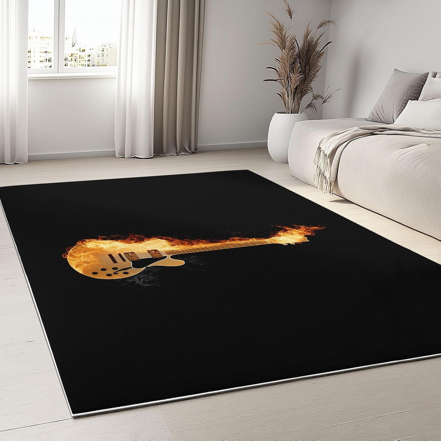 Modern Art Washable Living Room Rugs, 6' x 8' Area Rugs for Bedroom ‎‎‎‎Nursery Soft Non-Slip Stain Resistant Music Flaming Guitar Print Throw Carpet for Kids Playroom Office