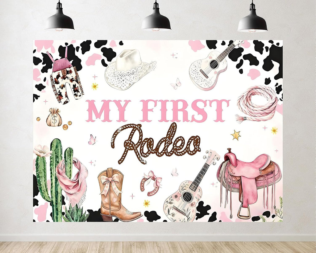Trykid 20x10ft My First Rodeo Birthday Backdrop Western Cowgirl Pink Cow Cactus Saddle Guitar Photography Background Kids Party Decoration Photoshoot Studio Props Fabric