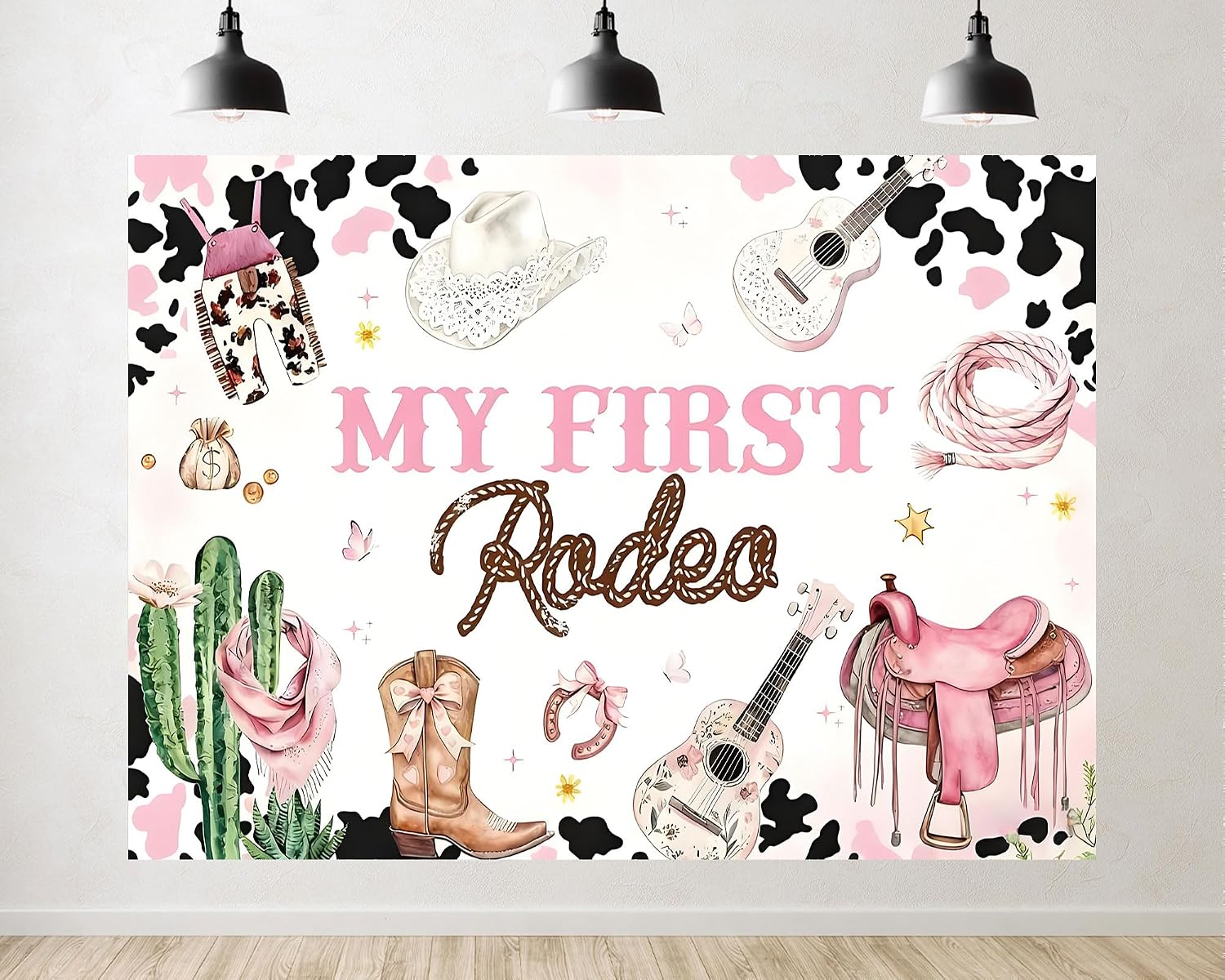 Trykid 20x10ft My First Rodeo Birthday Backdrop Western Cowgirl Pink Cow Cactus Saddle Guitar Photography Background Kids Party Decoration Photoshoot Studio Props Fabric