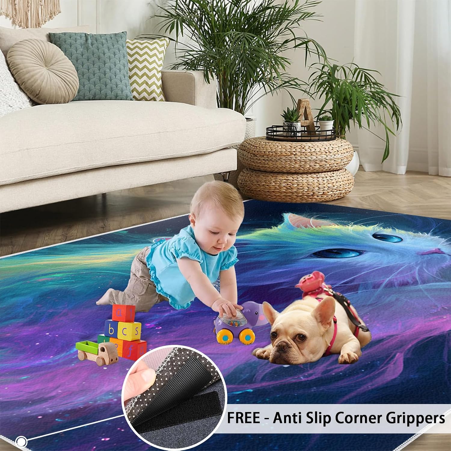 Cat Rugs for Bedroom, Fantasy Cat Rug 6x8, Animals Dining Room Rugs Washable & Non Slip Large Carpet for Home Decor