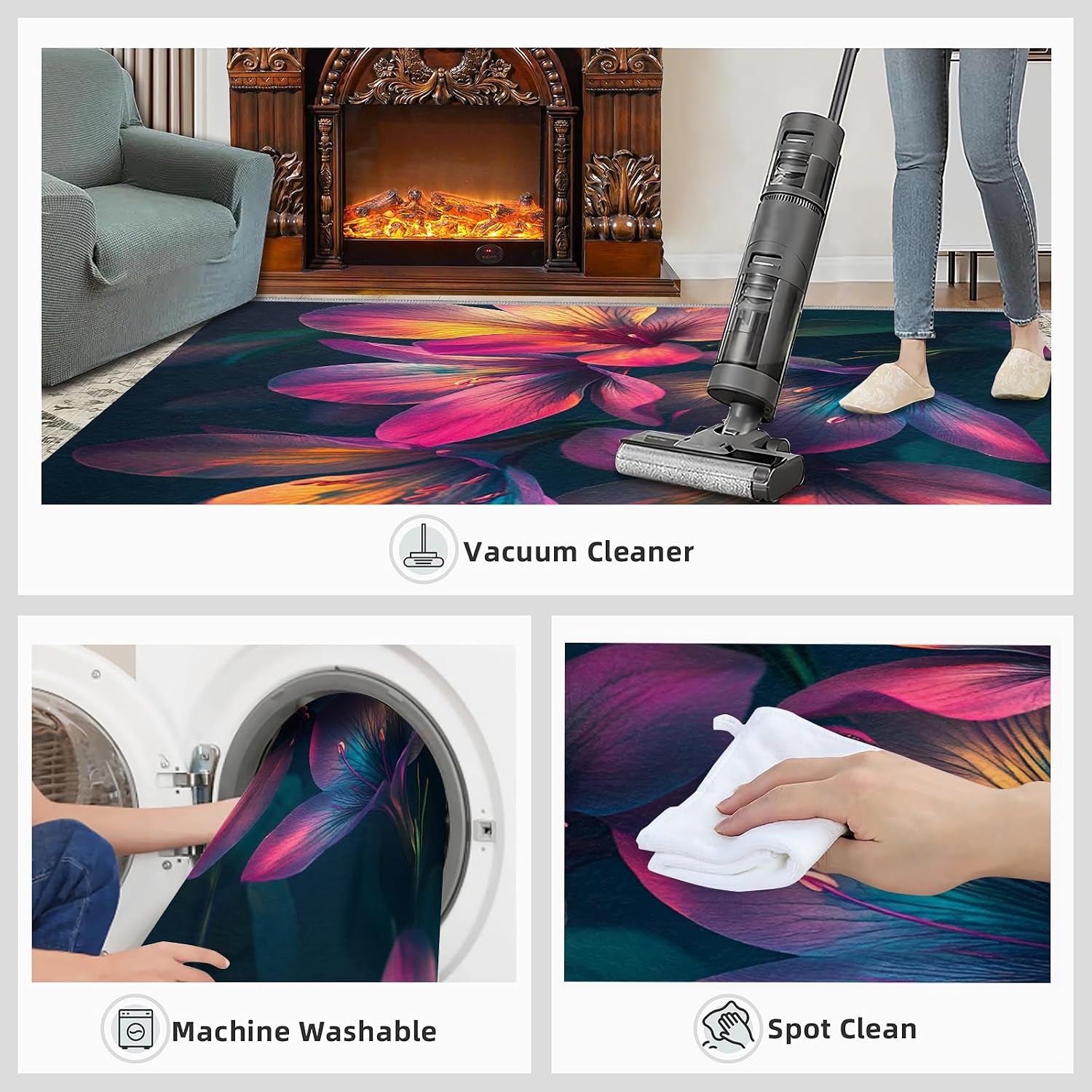 Colorful Flowers Rug - Large Rug 6x8 - Pink and Purple Rugs for Living Room - Soft & Non Slip & Washable Rugs for Bedroom, 3D Petals Carpets for Dining Room Lounge Girls Room