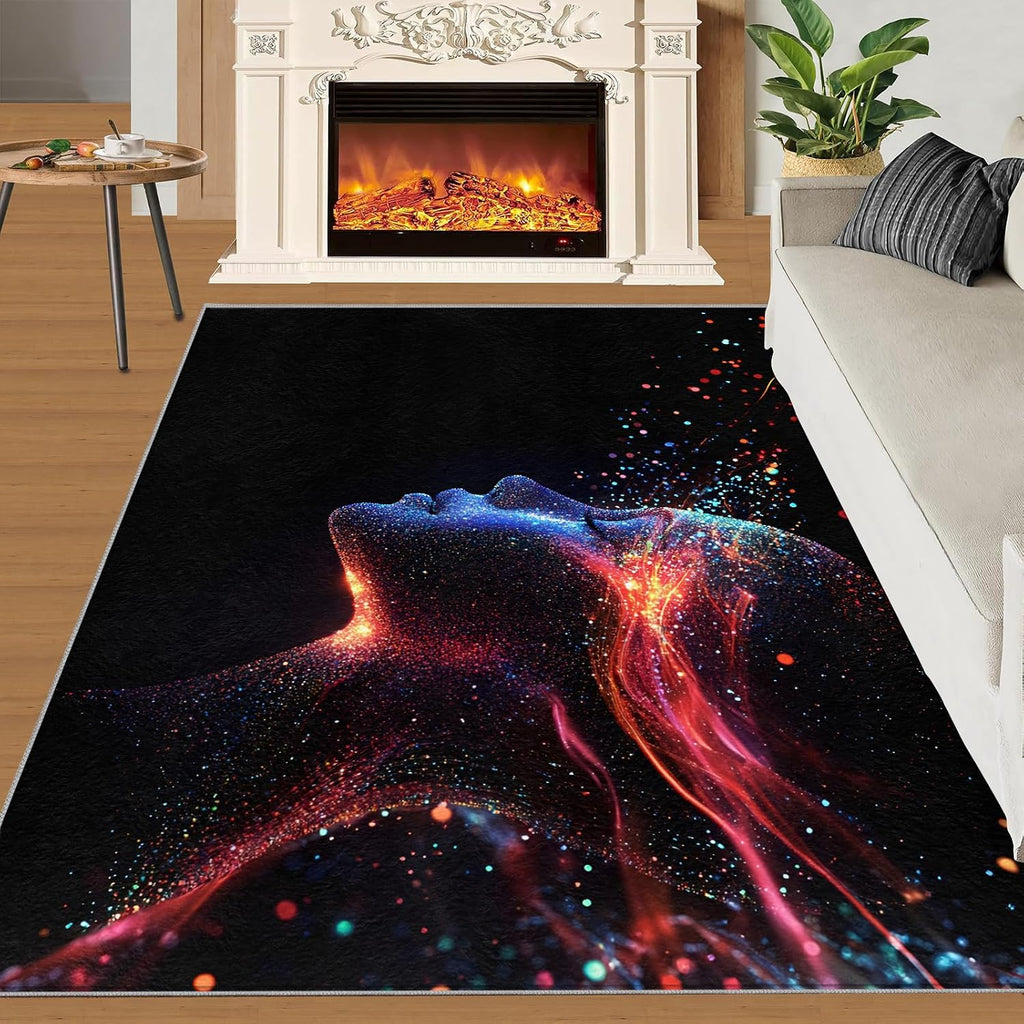 Sci-fi Theme Rug 6x8-6x8 Rug, Human Brain Washable Rugs for Living Room, Woman Carpet, Female Profile Non-Slip Area Rugs for Bedroom, Future Carpet, Sci-fi Home Decor