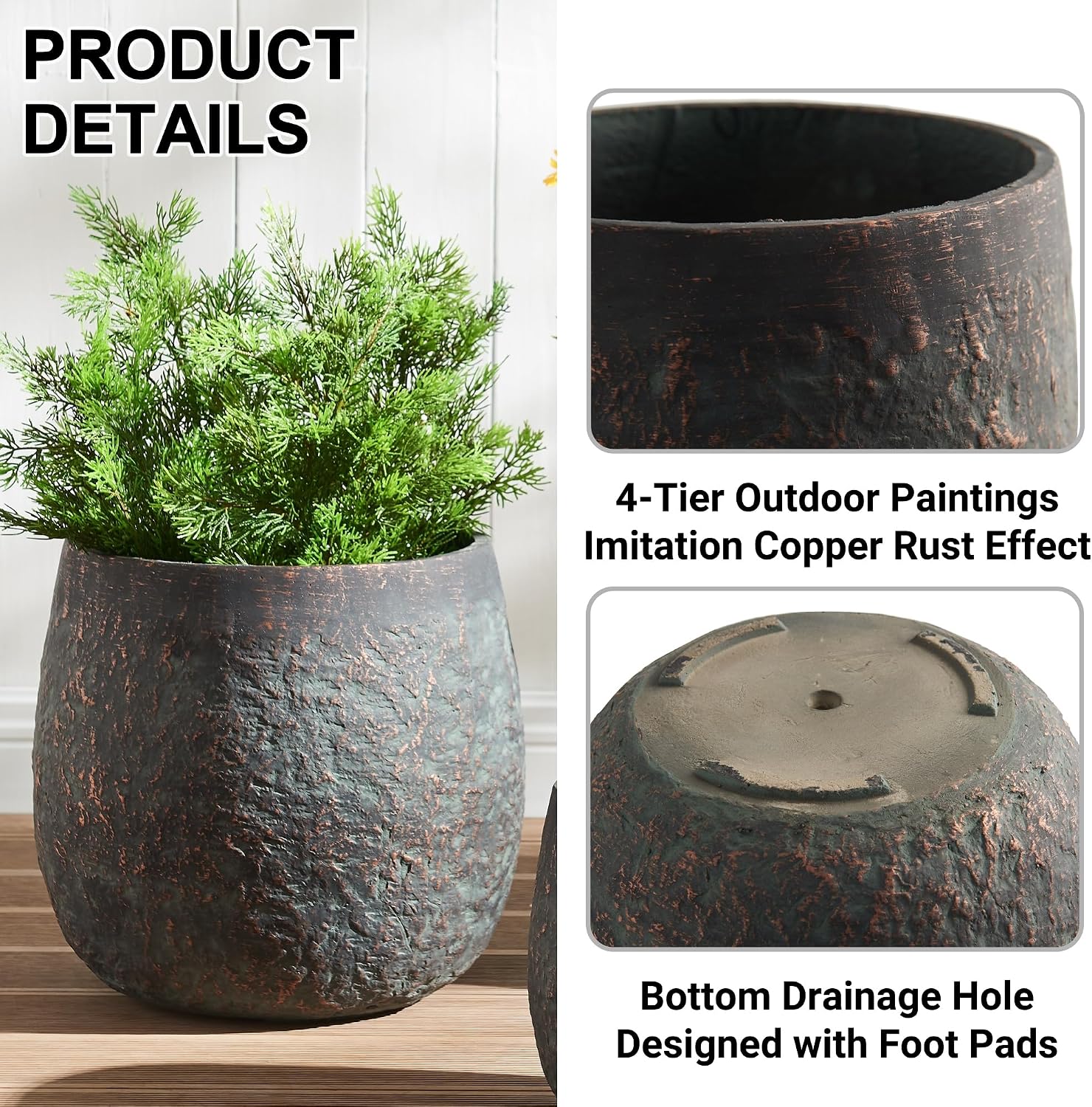 Wallowa 17.3'+12.9'+9.0' Dia Weathered Concrete Flower Pots, Modern Round Style Concrete Planter for Home, Garden, Patio, Courtyard, Bronze Rust Color, Set of 3
