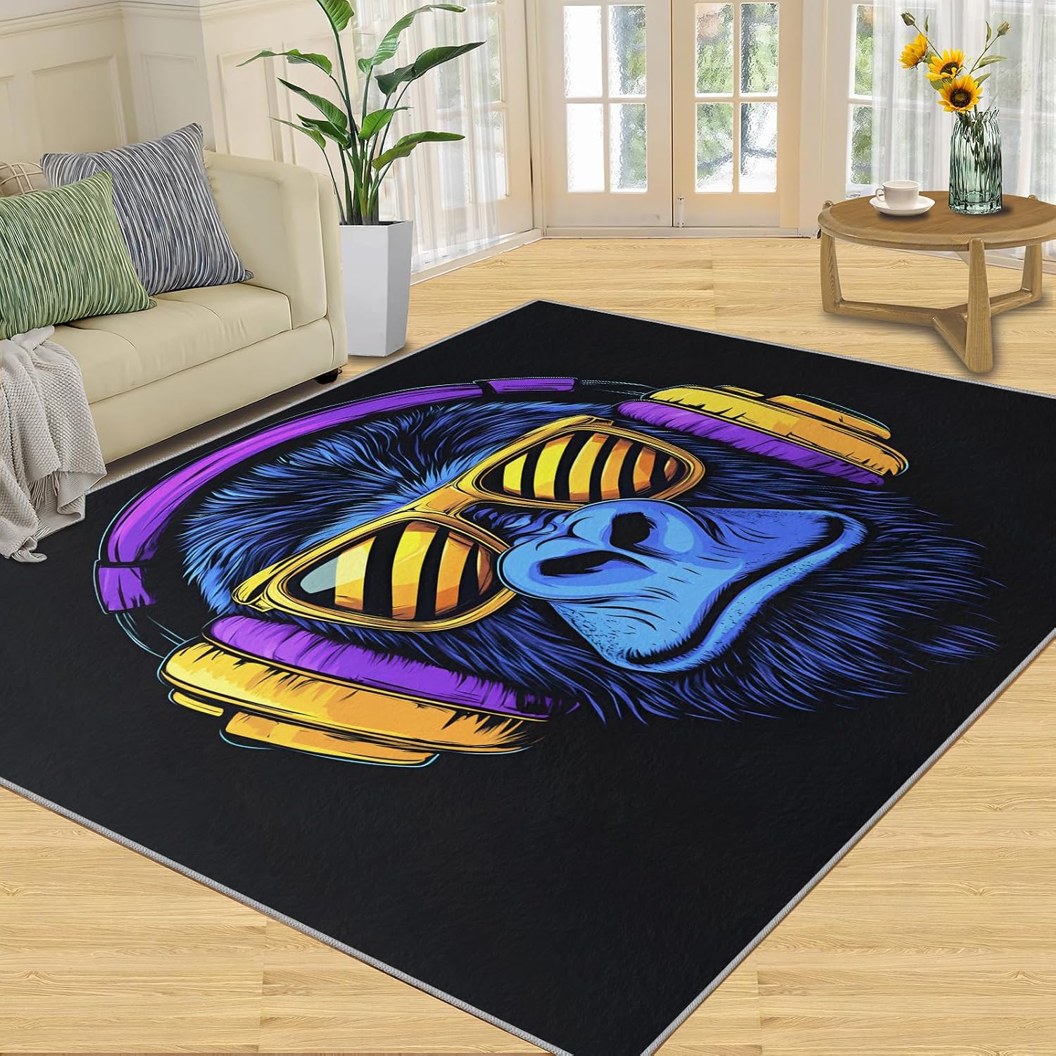 Gorillas Rug - 6x8 Rugs for Bedroom, Music Gorillas Area Rug, Black Monkey Washable Rugs for Living Room, Non Slip Animal Indoor Carpet - Home Decor, Tropical Wildlife Gifts for Kids