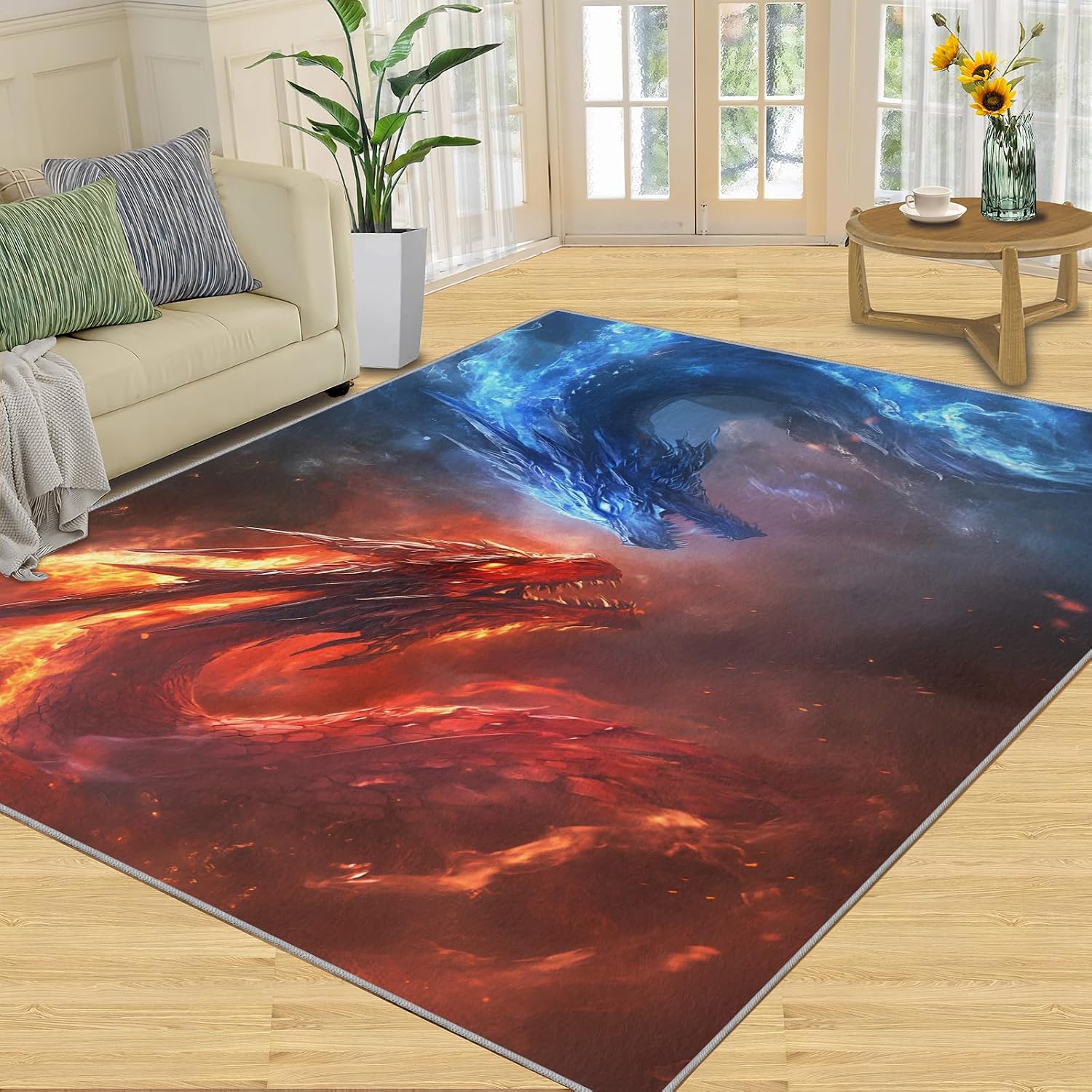 Ice Fire Dragon Living Room Rug, Fantasy Magic Dragon Area Rug, Washable Bedroom Rugs for Front Porch Kitchen Entryway Doormats Decor Floor Mat 6x8
