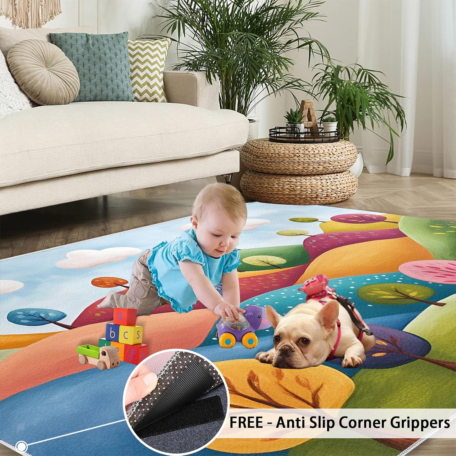 6x8 Cartoon Classroom Rugs - Fairytale Hills Playroom Rug, Childlike Fun Trees Carpet Area Rug for Girls Bedroom Kids Room Basement Office Classroom