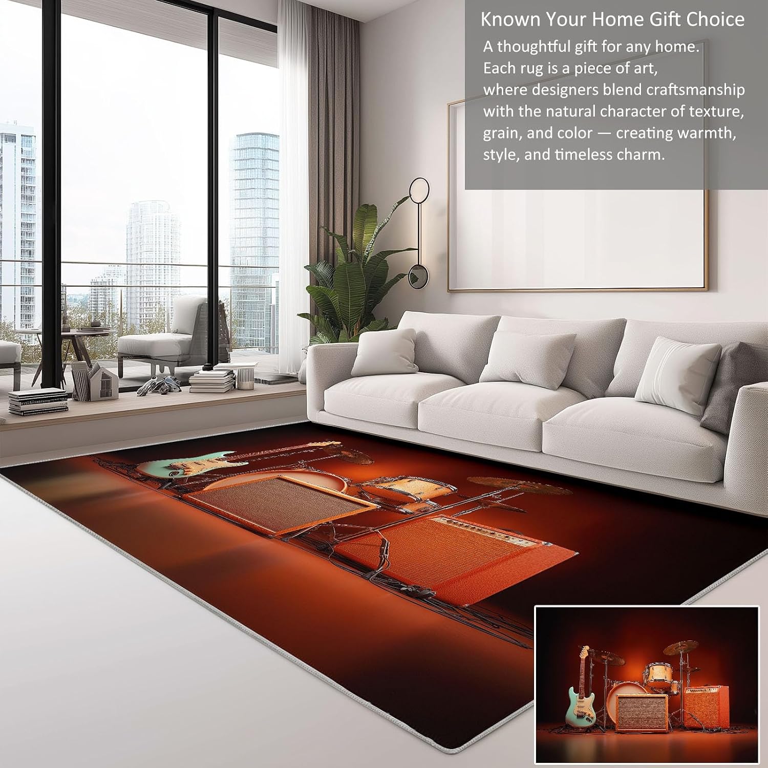 Area Rug 5x8 ft Guitar and Drum Set Washable Rugs, Soft Non-Slip Faux Wool Rug for Living Room, Bedroom, Farmhouse, Dining Room, Office, Home Decor Carpet
