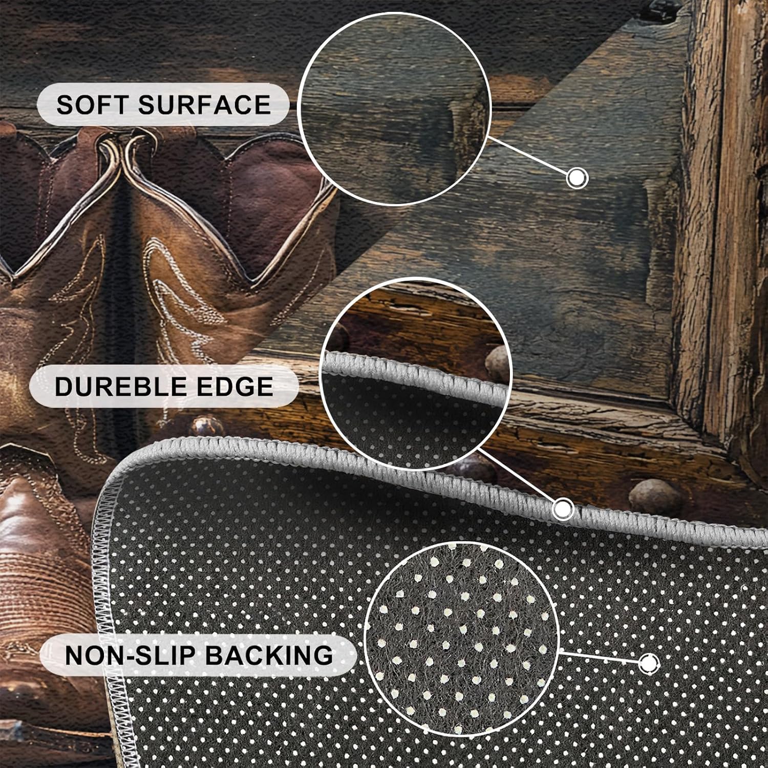 Washable Rugs Western Rug & Home Decor, Brown Area Rug 6x9, Non Slip & Low Pile Carpet, Cowboy Boots Rugs for Bedroom Living Room
