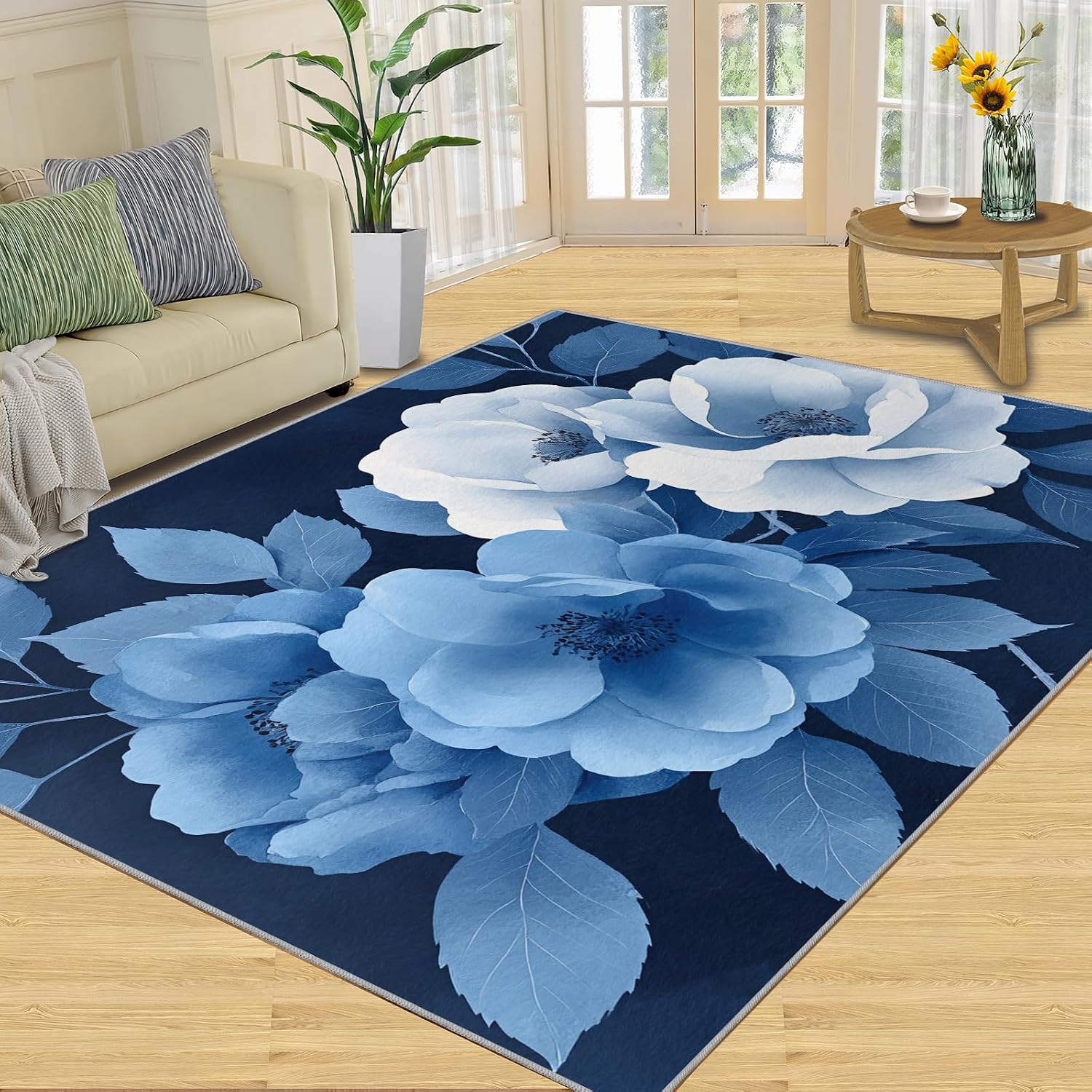 Florals Rugs for Bedroom, Simple Florals Rug 6x8, Blue Flowers Dining Room Rugs Washable & Non Slip Large Carpet for Home Decor