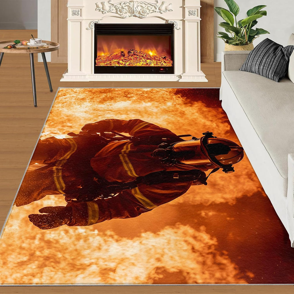 Firefighters Rugs for Living Room 6x8 Rug, Fire Theme Area Rug, Hero Firefighters Rugs, Large Machine Washable Rug, Non-Slip Floor Carpet for Bedroom Kids Room Home Decor